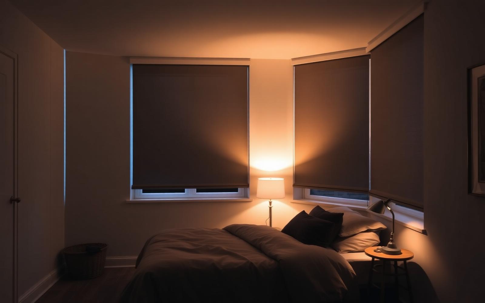 Bedroom with blackout shades lowered over a large window
