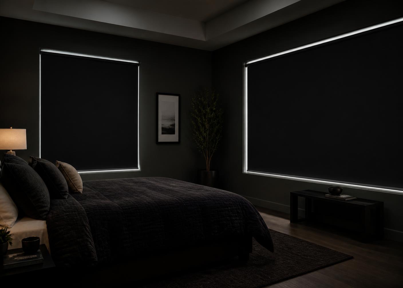Blackout shade fully lowered against bright exterior light