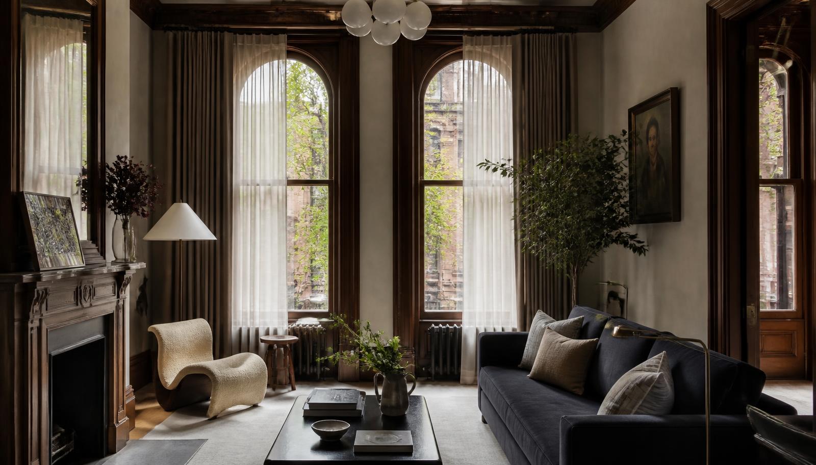 Brooklyn brownstone facade with tall parlor windows