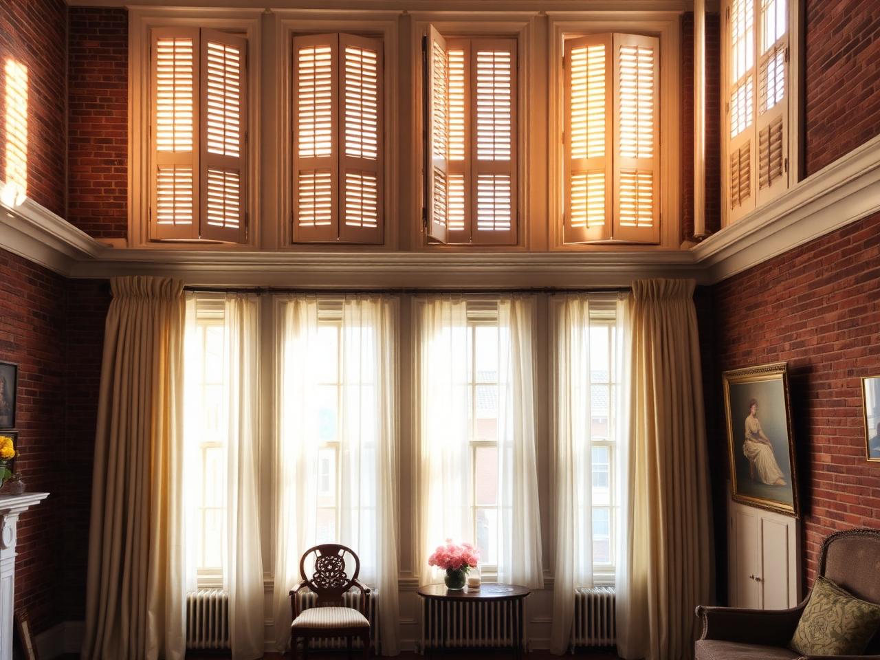 Brooklyn brownstone parlor floor with very tall windows, shutters and long drapery panels