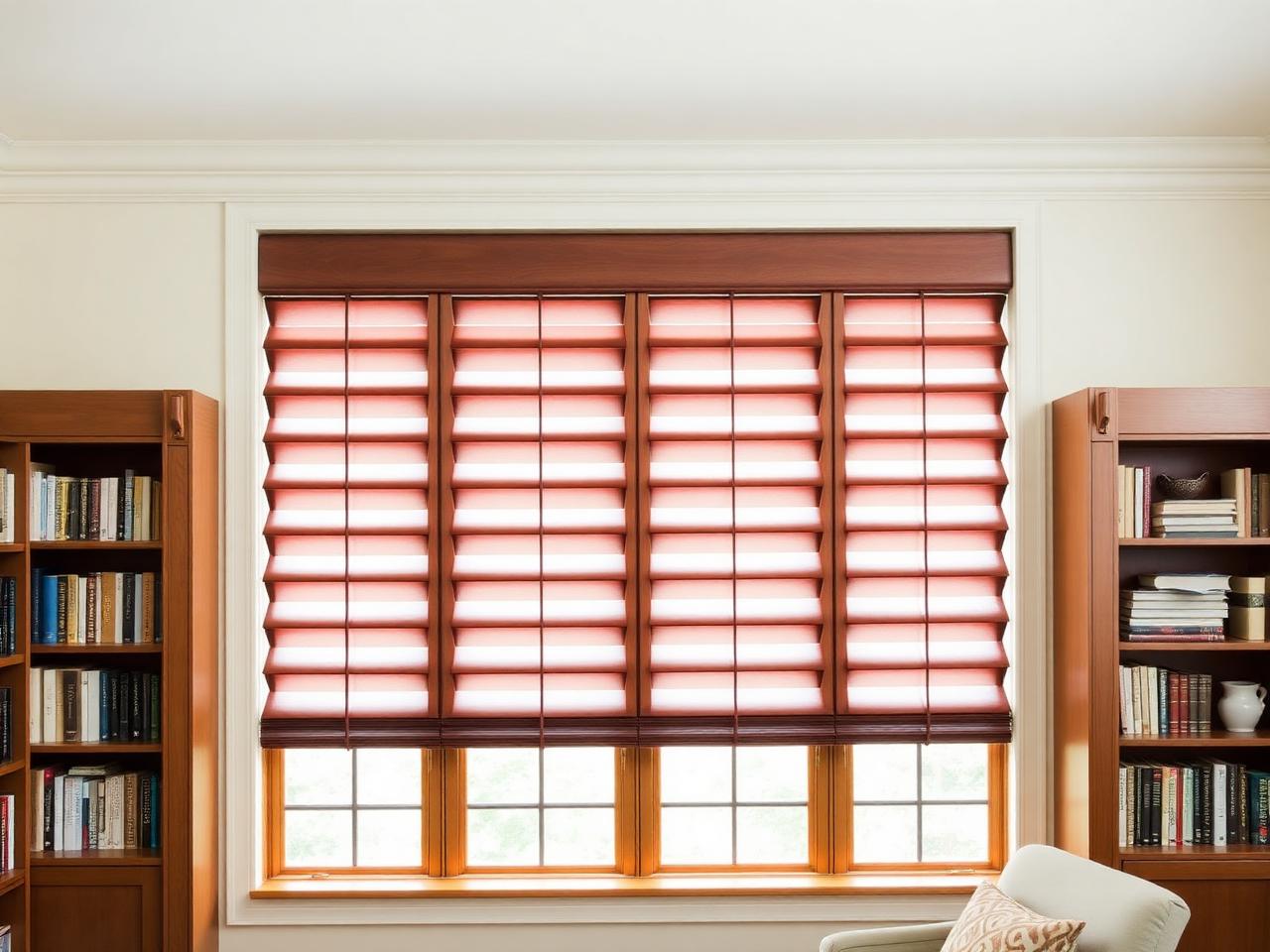 Custom hardwood blinds tilted open in a study lined with bookshelves