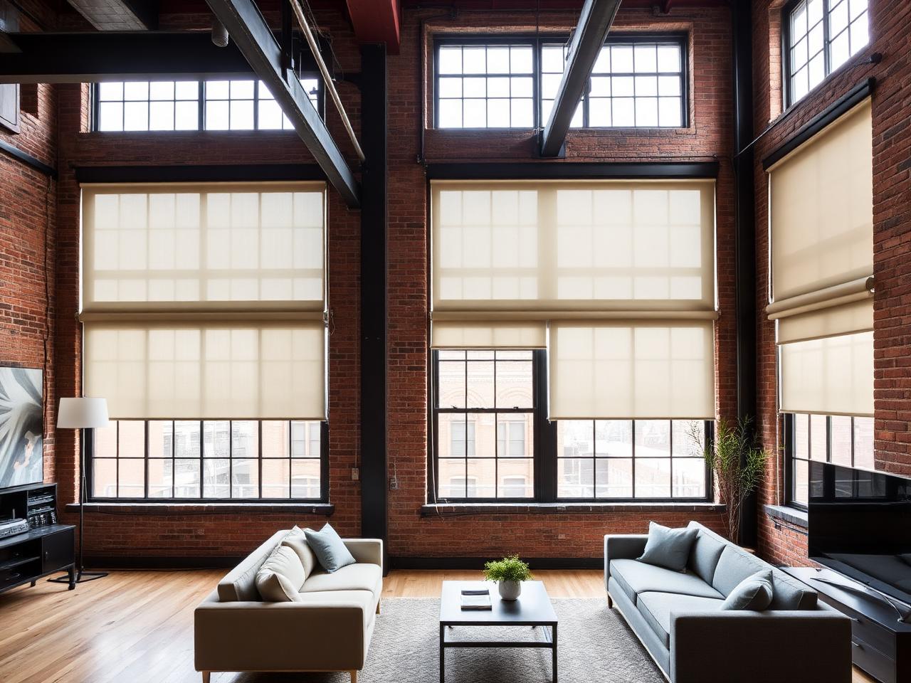 Converted brick warehouse loft with tall industrial windows and simple roller shades