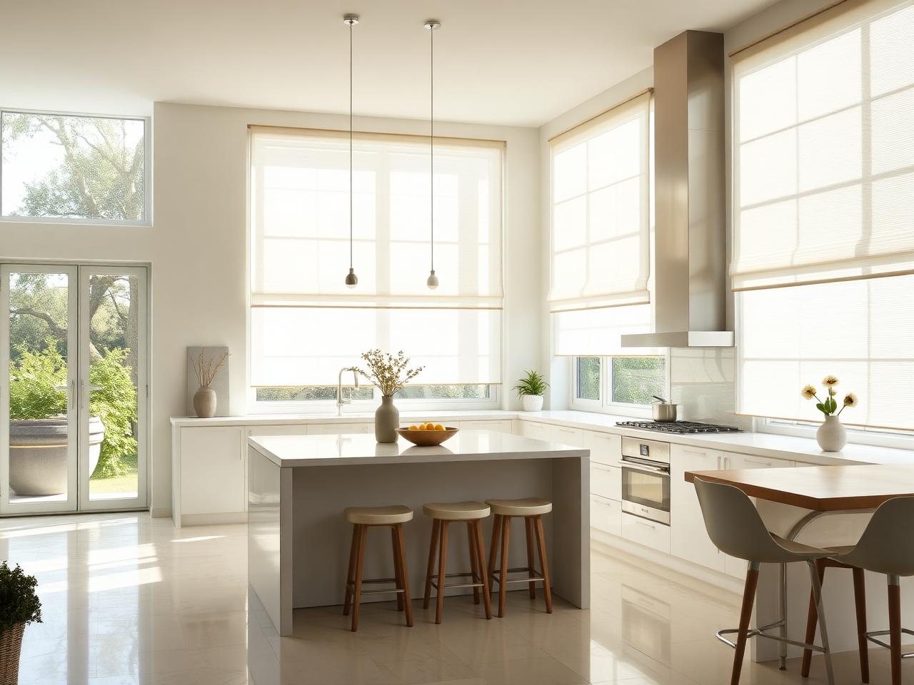 Light filtering shades softening midday sun in a white kitchen with island seating