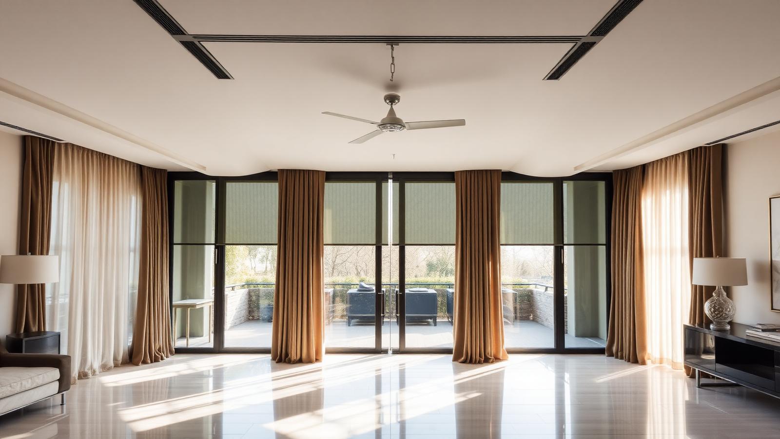 Floor-to-ceiling motorized curtains in a high-rise living room