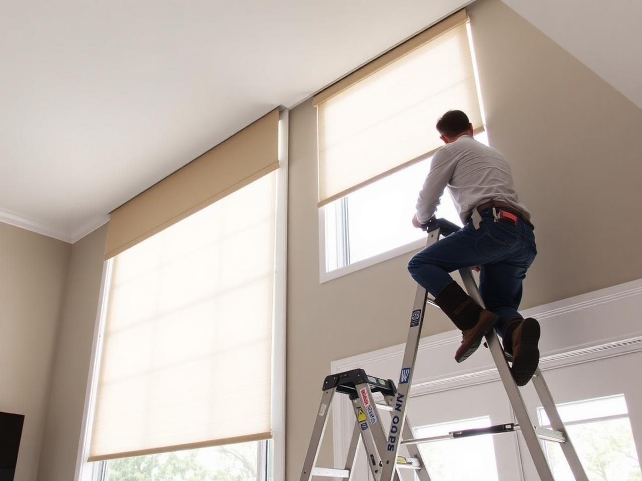 Installer mounting a motorized shade headrail bracket at a tall great-room window