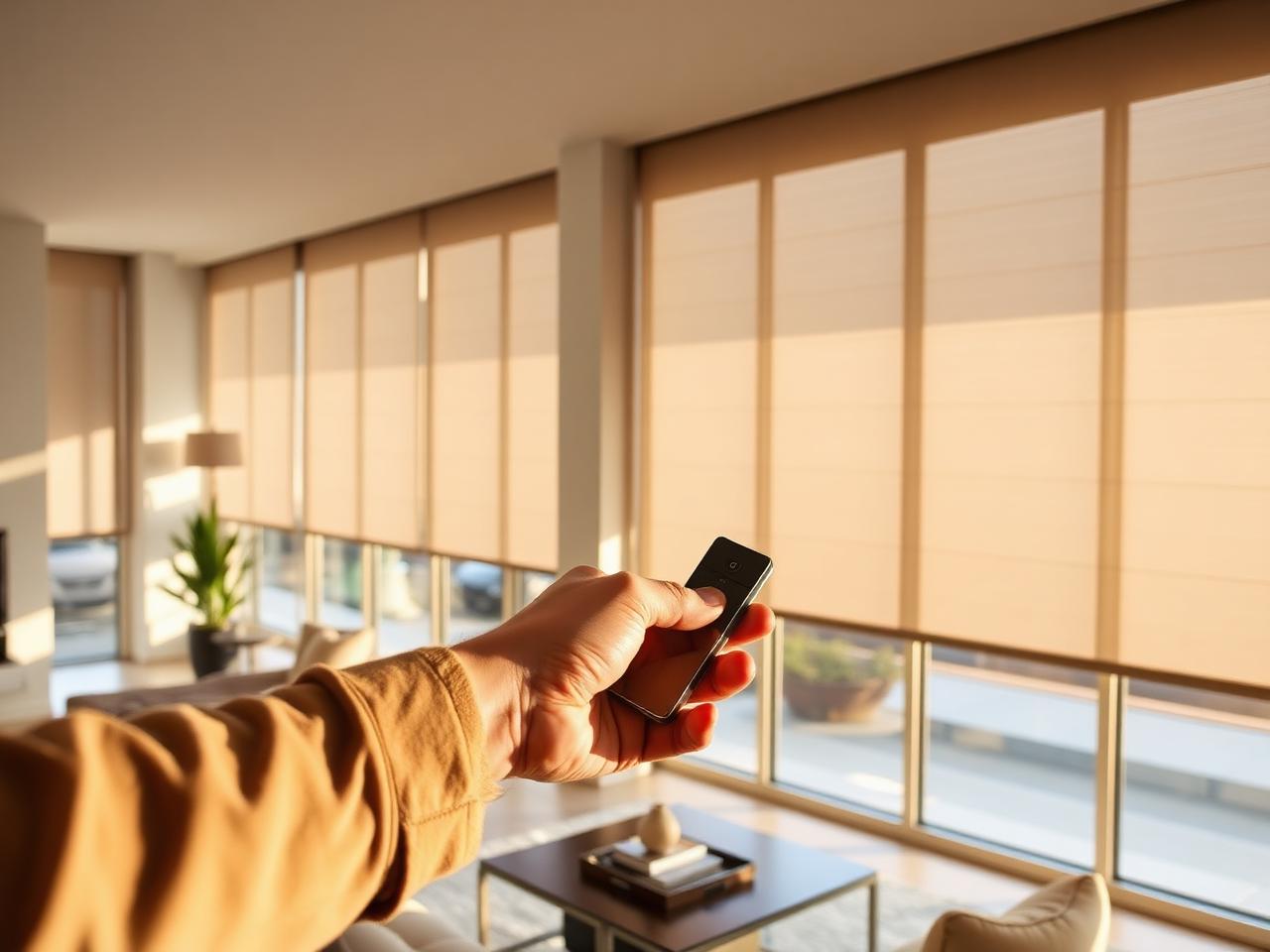 Handheld remote raising a battery-powered motorized roller shade in a living room