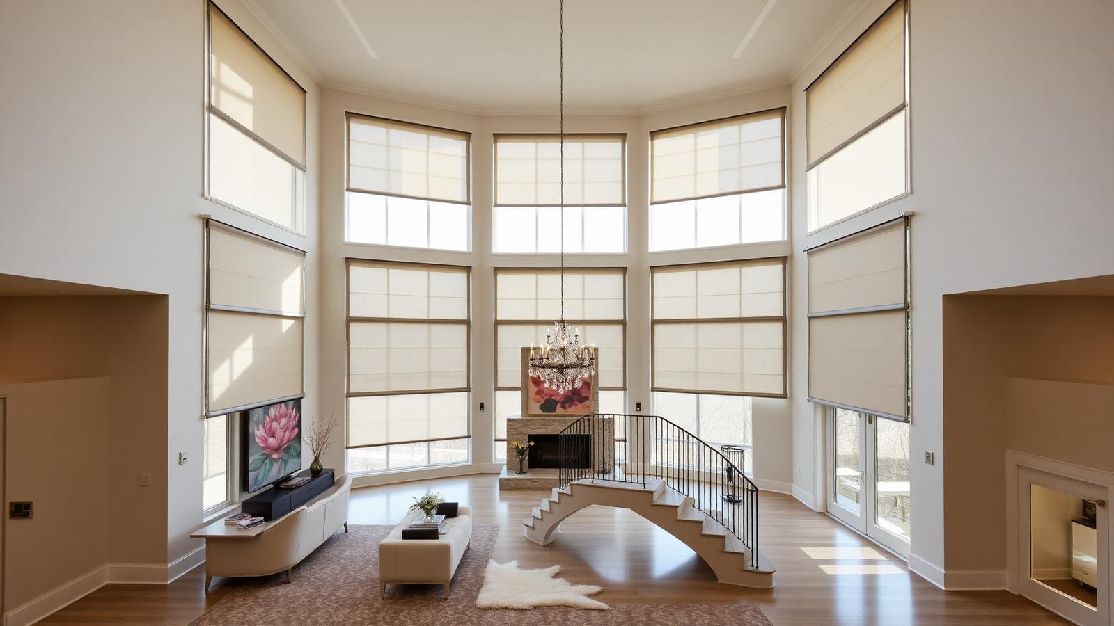 Motorized roller shades lowered across a wall of living room glass