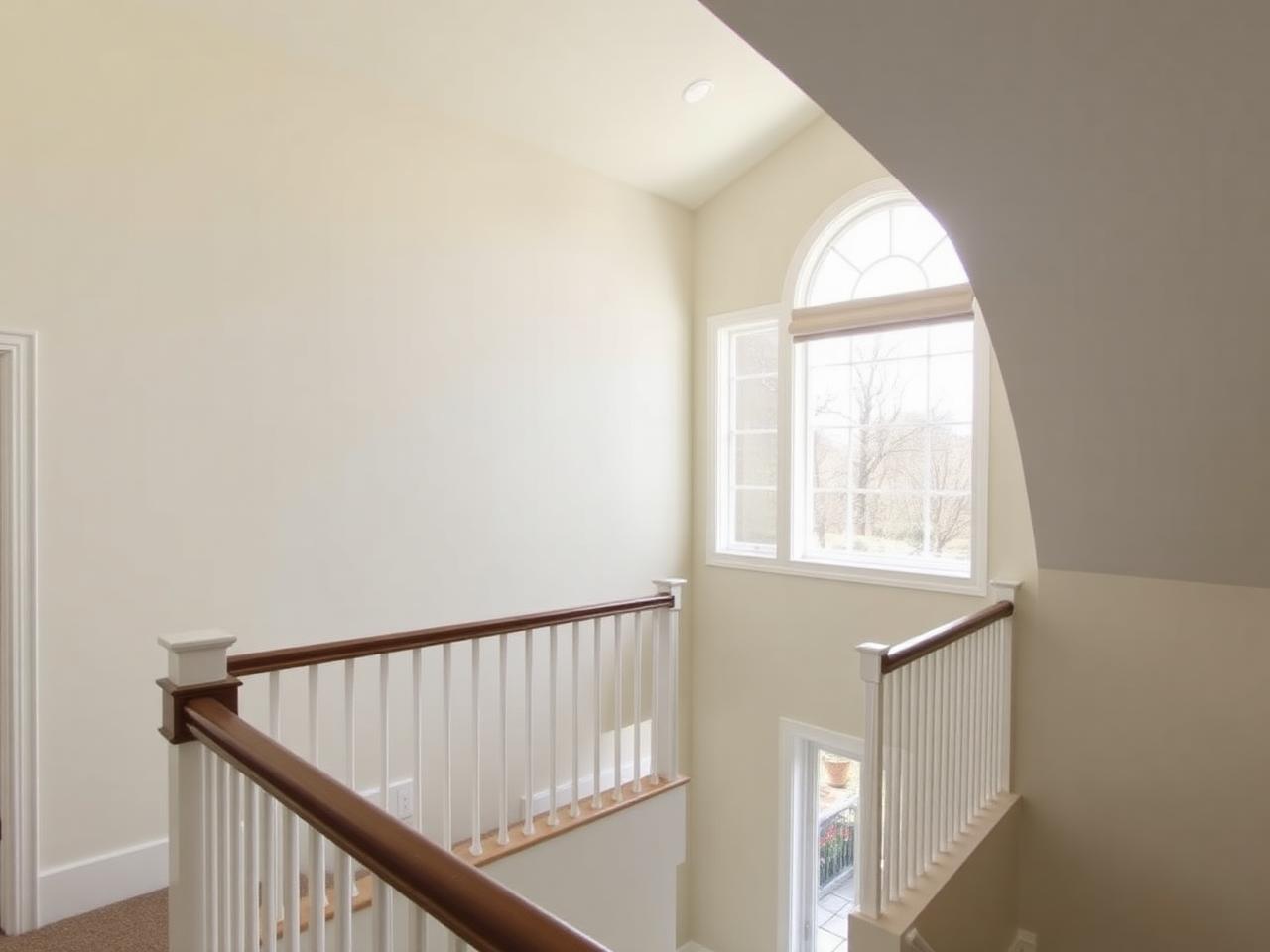 Two-storey stairwell landing with a tall arched window and a shade fitted above the rail