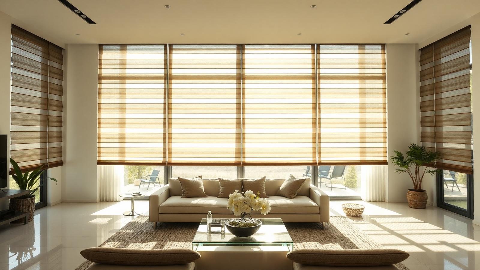 Sheer shades with soft fabric vanes filtering daylight
