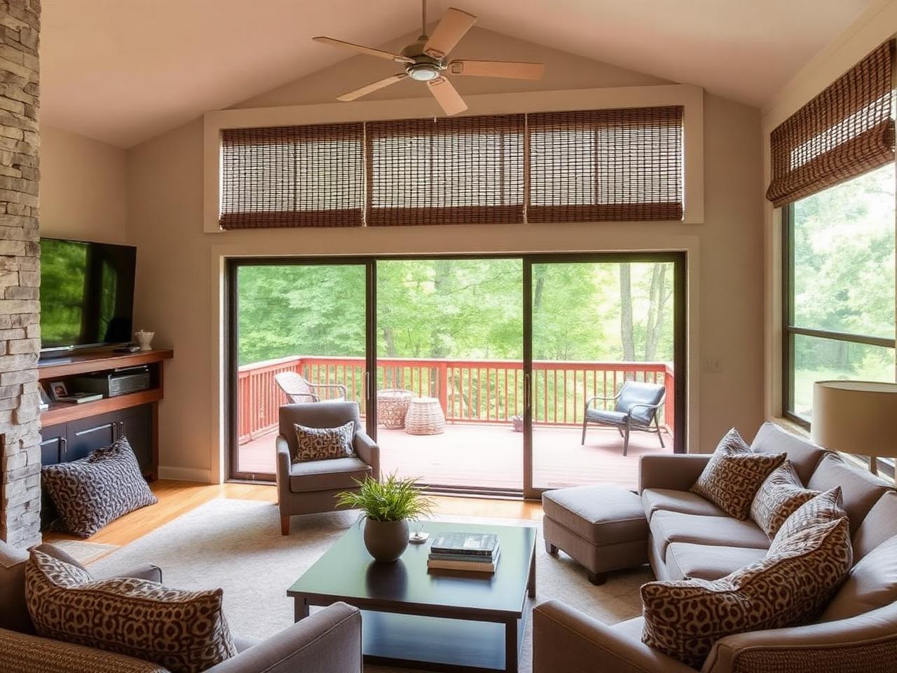 Split-level family room with woven wood shades above sliding doors to a deck