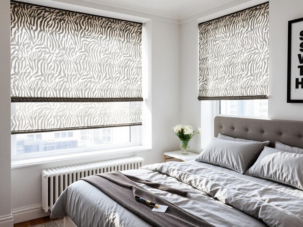 Zebra shades set for daytime privacy in a city bedroom