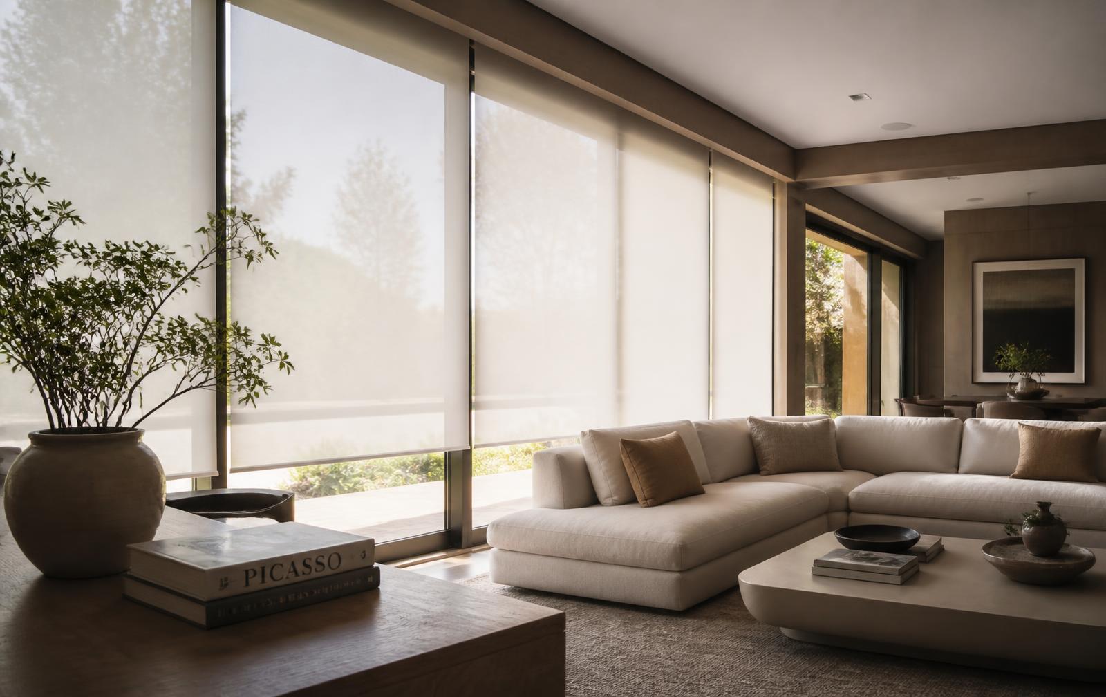 Motorized roller shades lowering across floor-to-ceiling windows in a bright modern living room